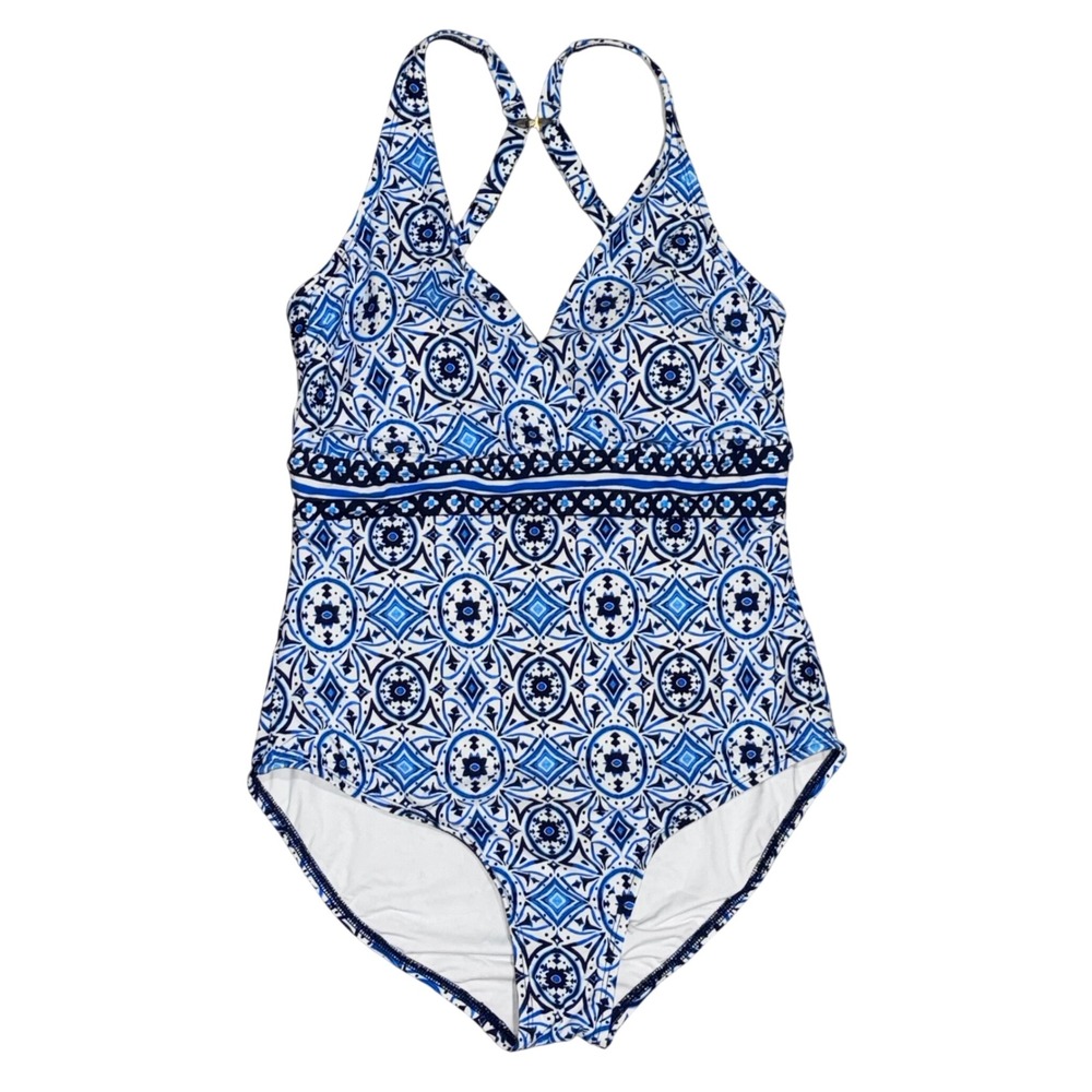 Jantzen‎ Patty Surplice One Piece Swimsuit Women 10 Blue Moroccan Tiles EUC